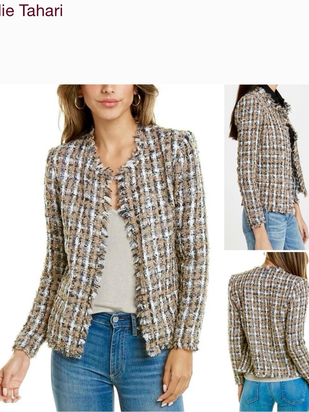 Elie Tahari Beige, Black & White Tweed Fringe Jacket